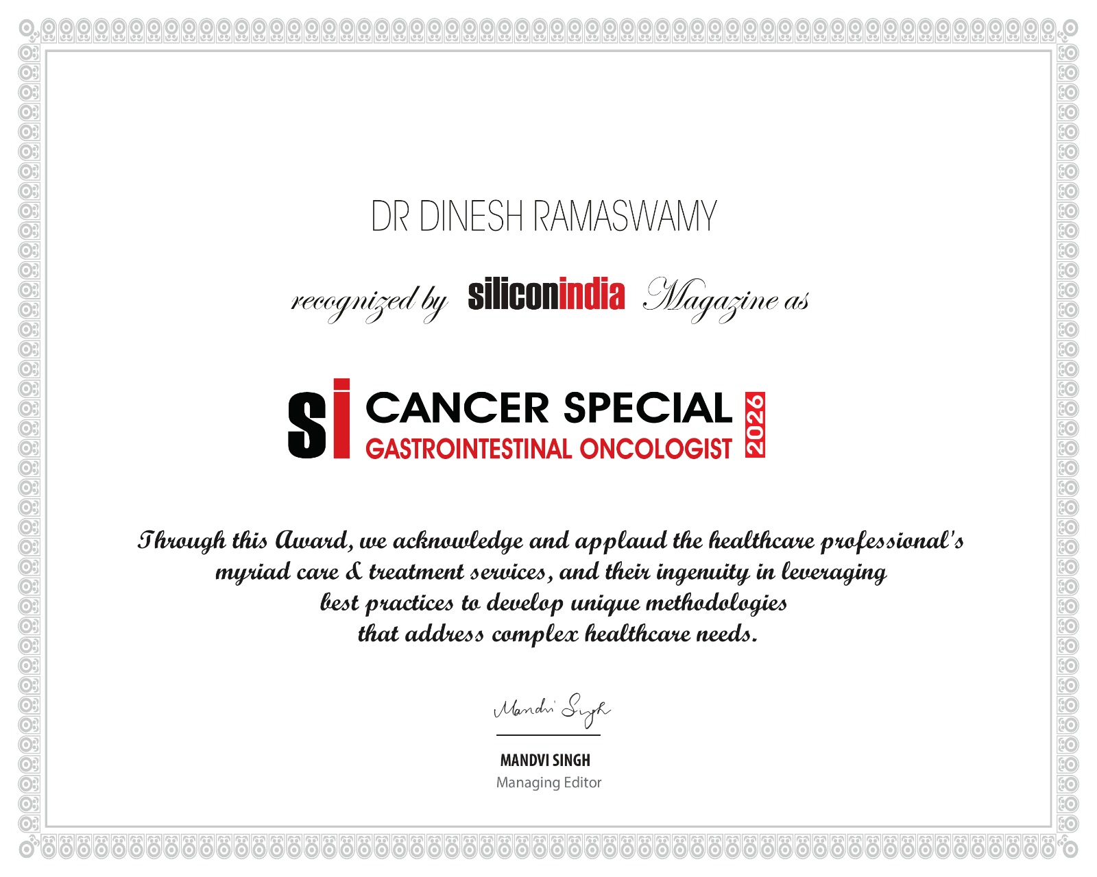 SiliconIndia recognition certificate awarded to Dr. Dinesh Ramaswamy